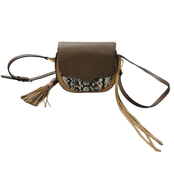 Rebecca Minkoff Suede Snake Print Crossbody Bag Tan Black - Picture 1 of 7